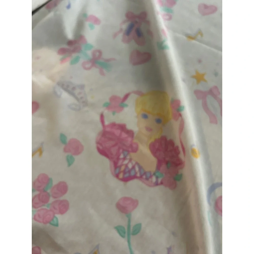 Vintage Barbie Twin Flat Sheet The Bibb Company 90s Pink Floral Hearts USA Made